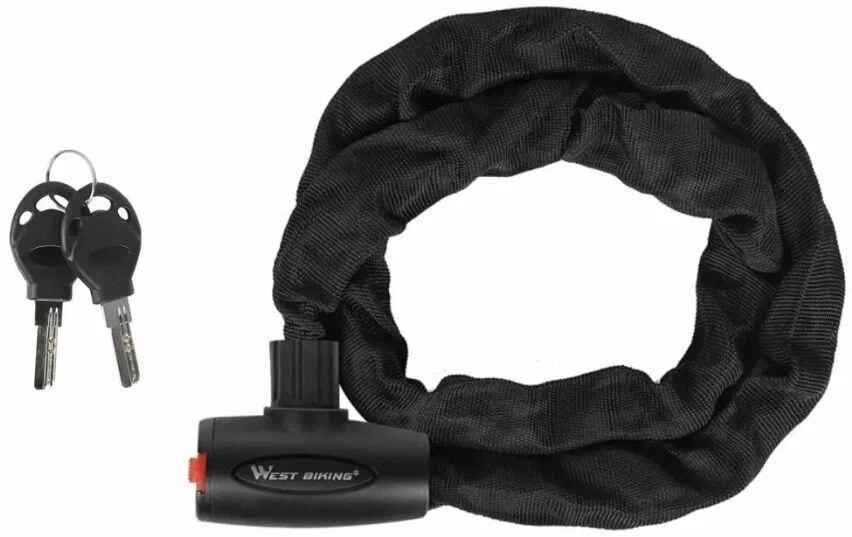 Замок противоугонный - цепь 6 x 1200 мм, 2 ключа, GK101.715, тканевая оплетка, West Biking (черный) (нет, без цвета, 179182)